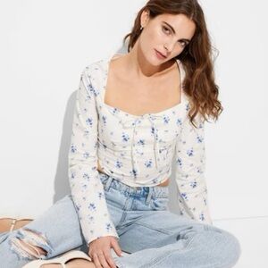 Wild Fable White and Blue Floral Blouse